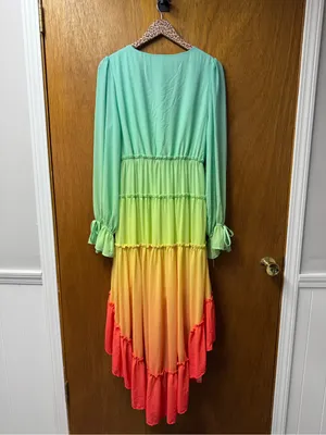 Champagne & Strawberry Multicolor Gradient High Low Long Sleeve Midi Dress Large thumbnail 15