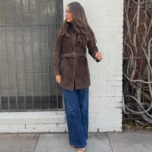 Vintage retro Brown corduroy trench coat belted jacket sz s thumbnail 3