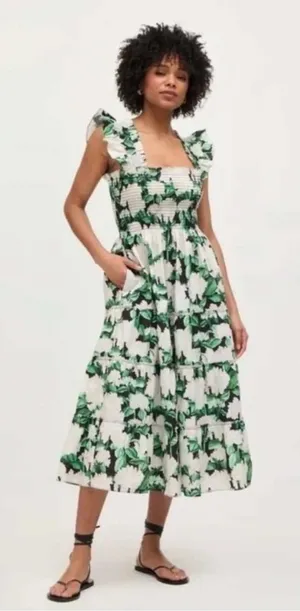Hill House The Ellie Nap Dress Women XS Green Black Floral Smocked Cotton EXCL thumbnail 1