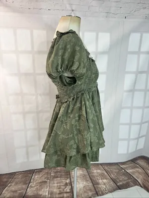 Altar’d State Olive Green Smocked Jacquard Puff Sleeve Layered Mini Dress Small thumbnail 4