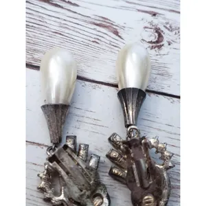 Vintage Clip On Earrings Extra Large Faux Pearl & Clear Gem Statement Dangle thumbnail 8