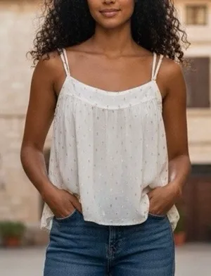 Aerie Cream Flowy Gold Metallic Clip Dot Cropped Cami Top Sz M thumbnail 1
