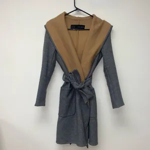 Zara Wool Blend Camel Gray Wraparound Hooded Coat MEDIUM thumbnail 4