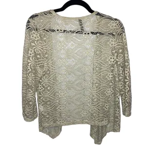 Ashley Blue Taupe Lace Open Front Cardigan Boho‎ Sheer Crochet Size Medium thumbnail 2