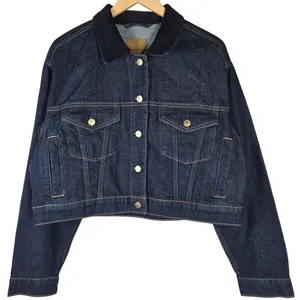 American Eagle‎ Womens Denim Jacket Dark Wash Corduroy Collar Cropped Size L thumbnail 1