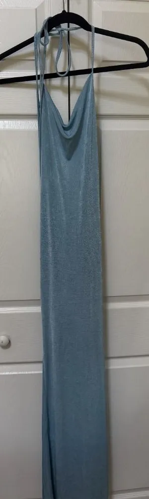 Light Blue Cowl Neck Halter Backless Maxi Dress Small thumbnail 1