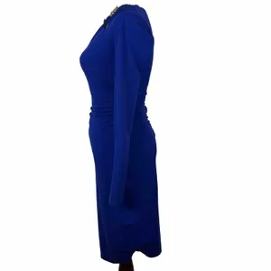 Cache Bodycon Dress Womens XS Blue Studded Keyhole Ruched Vintage‎ Long Sleeve thumbnail 3