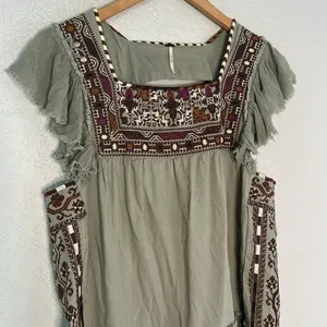 Free People Embroidered Boho Dress Aztec Southwestern Cottage Babydoll Sage Fall thumbnail 2