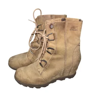 Sorel Joan of Arctic Wedge Boots Women 79 Tan Leather Good Lace Up NL1988-245 thumbnail 1