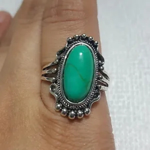Retro Silver Long Oval Turquoise Ring Size thumbnail 1
