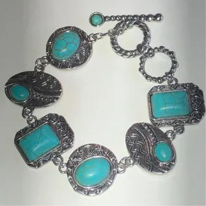 Turquoise Color and Silver Tone Boho Western Bracelet thumbnail 1