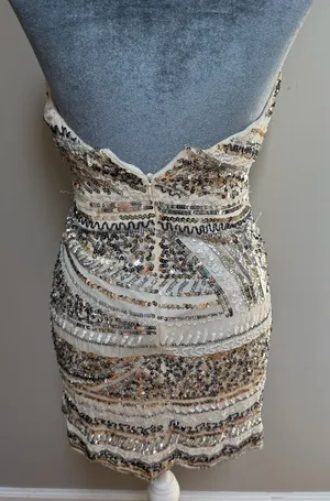 Scala Vintage Cream White Silk Beaded Flashy Cocktail Party Dress 2 Strapless thumbnail 1