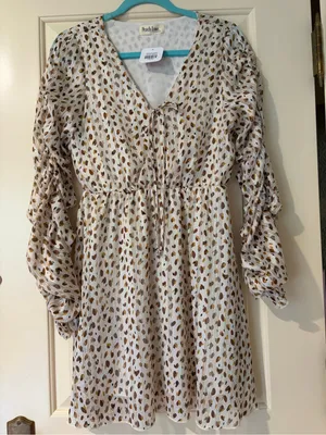 NWT Peach Love Long-Sleeve Cream Mini Autumn Dress with Brown Dot Print Size M thumbnail 1