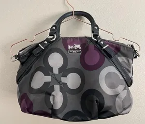 Coach Poppy Purple black gray floral bag top handle satchel thumbnail 1