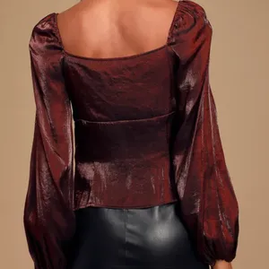 Lulus Chic Perspective Wine Red Satin Tie-Front Puff Sleeve Top thumbnail 4
