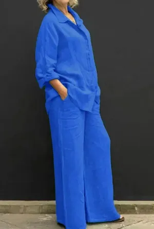 Zara Linen Matching set button shirt Coord wide pant drawstring lounge blue M thumbnail 2