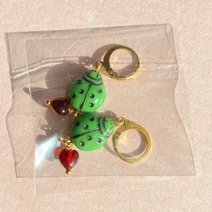 Handmade Czech glass beads lady bug & heart cute dangle earrings🐞💚❤️ thumbnail 4