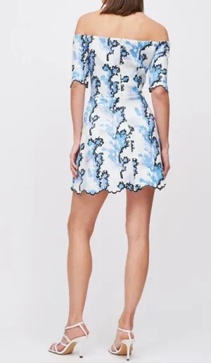Cynthia Rowley Off-The-Shoulder Blue Ivory Fit And Flare Skater A-Line Neoprene thumbnail 2