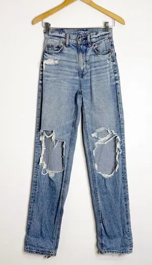 American Eagle Highest Rise Baggy Straight Jeans Size 000 Distressed thumbnail 1