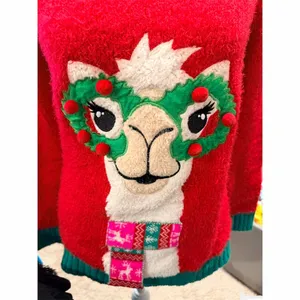 It's Our Time Ugly Christmas Sweater Womens L Red Llama Pom Pom Pullover thumbnail 3
