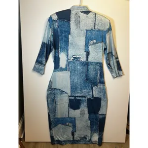 Women’s 2XL Blue Denim Patchwork Print Quarter Zip Midi Dress 3/4 Sleeves Casual thumbnail 9