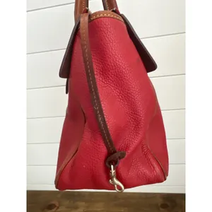 Vintage Dooney & Bourke Red Pebbled Leather Satchel Bag Tan Trim Duck Logo Large thumbnail 5