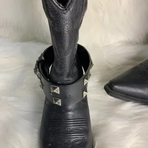 Handmade Womens Black Studded Leather Metal Buckle Removable Boot Band One Size thumbnail 6