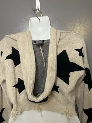 Social Collision Sweater Womens Sm/Med Beige Star Hooded Distressed Cropped thumbnail 6