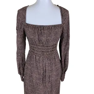 AFRM Brown Ditsy Leopard Print Square Neck Long Sleeve Midi Dress Boho M thumbnail 2
