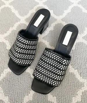 Top shop black and white weave low block heel mule sandals thumbnail 1