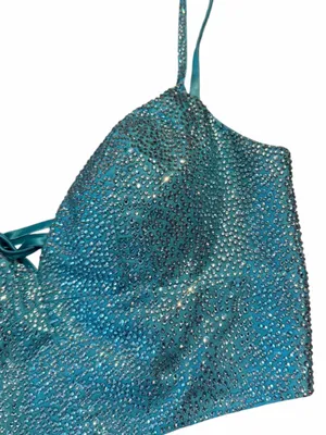 Rhinestone Bustier Corset Top Teal Blue Embellished Bralette Rave Festival Glam thumbnail 2