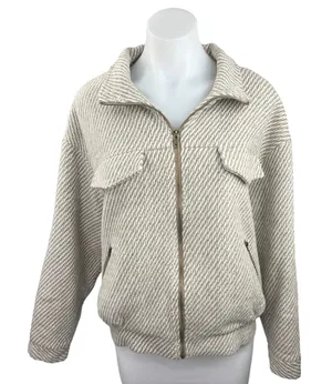 12th Tribe Women's White Wool Long Sleeve Zip Up Collared Outerwear Jacket Sz M thumbnail 1