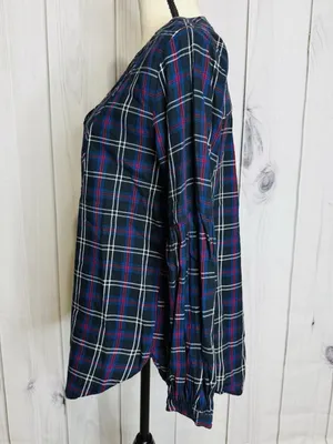 Ann Taylor Loft Plaid Tunic Blouse Women's Sz M V-Neck Black Blue Red thumbnail 4