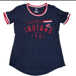 Genuine Merchandise Retro Cleveland Indians Ringer TShirt Blue White Red L MLB Baseball thumbnail 1