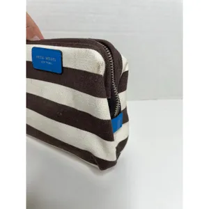 Henri Bendel Cosmetic Bag Brown White Stripe Blue Strap thumbnail 4