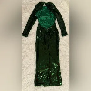NEW HOUSE OF CB Belle Pine Green Sequin Open Back Long Sleeve Dress sz XS thumbnail 4