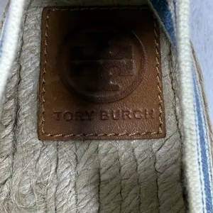 Tory Burch Striped Canvas Espadrille Flats Cream Blue Brown Slip On Shoes 9 thumbnail 7