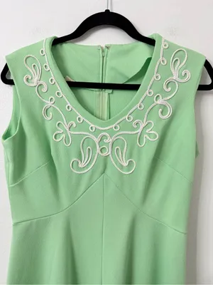 Vintage 1960s Sleeveless Mint Green Maxi Dress with Embroidered Scoop Neck thumbnail 2