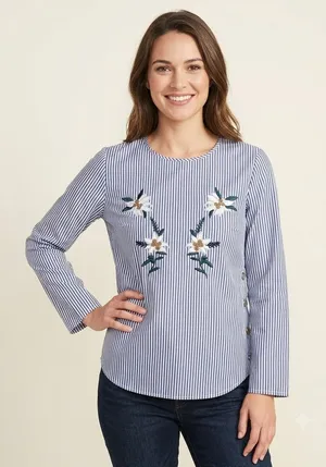 Como Black Striped Embroidered Floral Blouse - Size M thumbnail 1