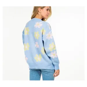 AZ Floral Cardigan Sweater Women L/XL Blue Pastel Cottagecore Fuzzy Button Front thumbnail 2