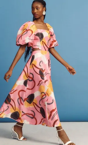 Aureta Anthropologie Studio Printed Puff Sleeve Maxi Cut Out Dress Pink Abstract thumbnail 1