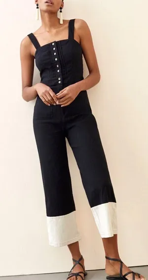 Maeve Anthropologie The Colette Jumpsuit Black White Colorblock Linen Blend 4 thumbnail 1
