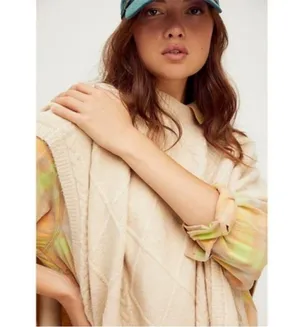 Free People Cream Harbour Stripe Cable knit Poncho Sweater Sz O/S NWT thumbnail 5