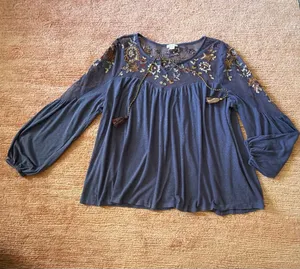Sundance Embroidered Mesh Boho Tunic Top Size M Blue Balloon Sleeve thumbnail 3
