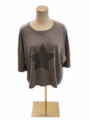 Easel Oversized Gray Star Leopard Print Top thumbnail 3
