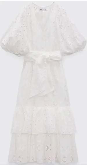 Zara Eyelet Cotton Midi Dress Puff Sleeve Belted Floral Ruffle Tiered Medium thumbnail 1