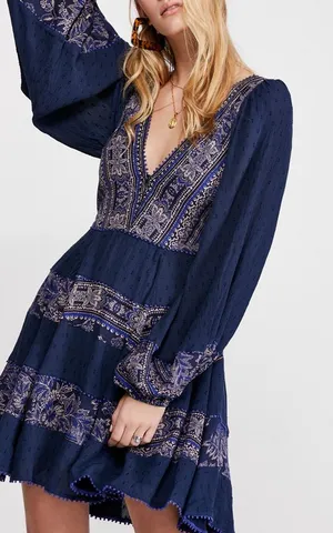 Free People My Love Mini Navy Paisley V-Neck Long Sleeve Tiered Dress Medium thumbnail 1