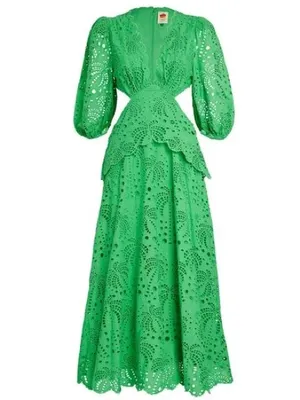 FARM Rio Green Richelieu Cutwork Midi Dress Bright Green Eyelet Cotton Sz M NWT thumbnail 7
