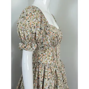 Women Floral Puff Sleeve Mini Dress Cottagecore Milkmaid Boho Corset Waist S thumbnail 4