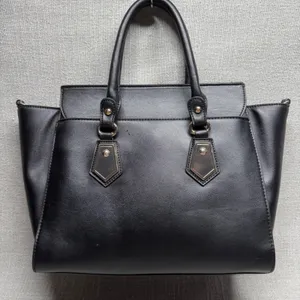 Black Faux Leather Satchel Handbag‎ Large Tote Purse Gold Hardware Edgy Workwear thumbnail 2